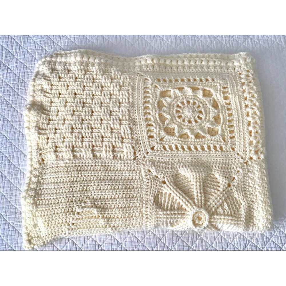 Handmade Crochet Sampler Travelers Afghan Blanket Yellow Granny Square 64x40